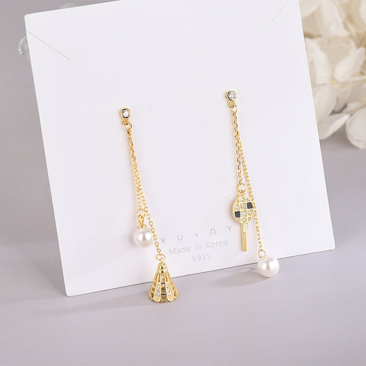 Wind diamond badminton asymmetrical tassel earrings