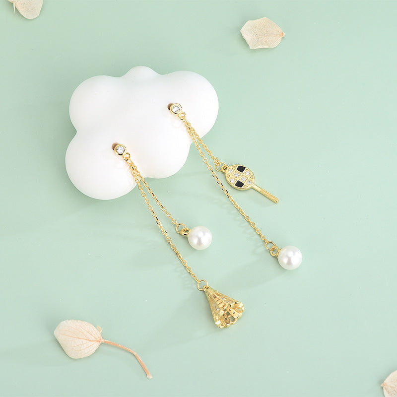 Wind diamond badminton asymmetrical tassel earrings