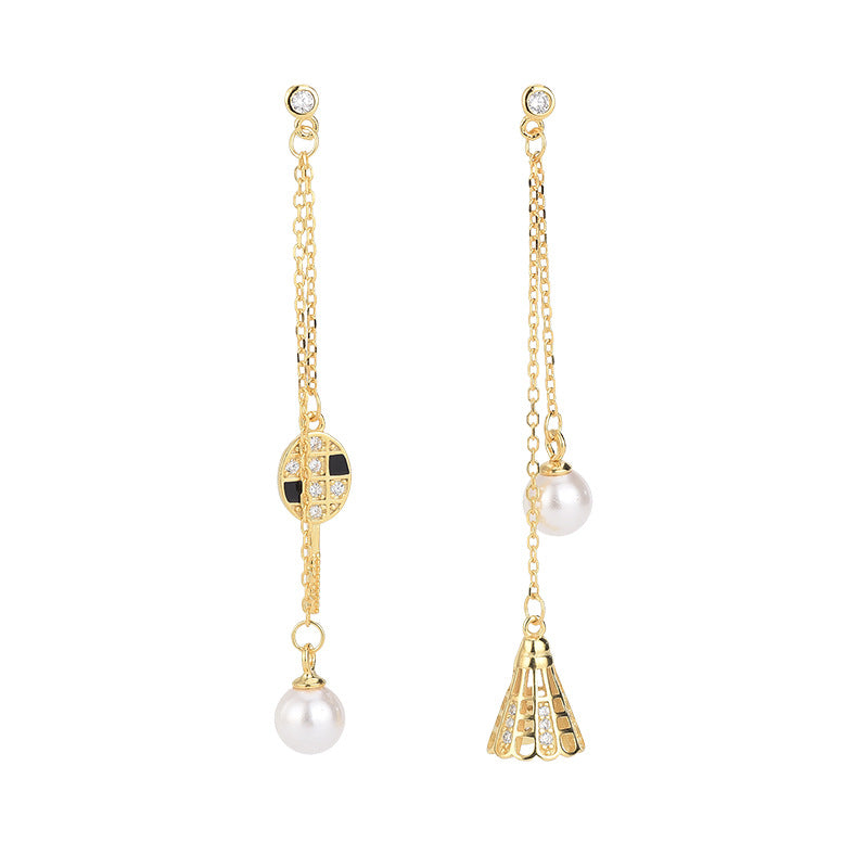 Wind diamond badminton asymmetrical tassel earrings
